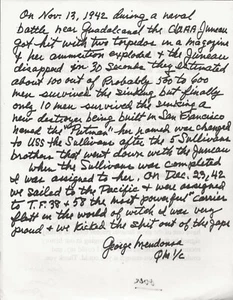 George Mendonsa ECHT SIGNIERTER handgeschriebener Brief Echtheitszertifikat Times Square Kuss Soldat - Bild 1 von 3