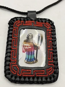 Santa Muerte Scapular Necklace Black Leather Pendant Rope Red Image NEW - Picture 1 of 13