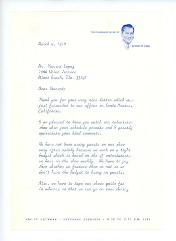 Autographed Letter by Lawrence Welk accordionist, bandleader, TV  Host Cover