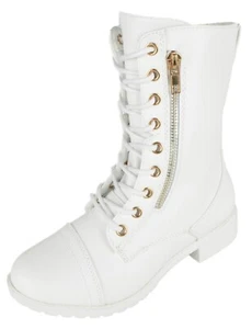 Forever Women Combat Army Style Boots Lace Up Side Zipper Booties JALEN-77 White - Picture 1 of 4