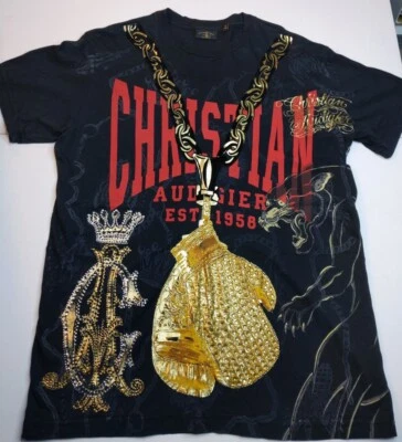 Christian Audigier Shirt Mens M Gold Chain Boxing Bedazzled Graphic Tee Y2K Z1 - Image 1 of 4