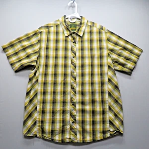 PRANA ORGANIC COTTON YELLOW GREEN PLAID SHORT SLEEVE BUTTON UP SHIRT MEN'S LARGE - Picture 1 of 11