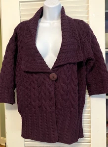 ARAN Ireland Fishermans Cableknit One Button Shawl Collar Cardi Merino Wool SZ L - Picture 1 of 12