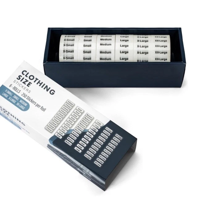 Etiquetas adhesivas tamaño ropa 6 tamaños 6 rollos 250 pegatinas por rollo 1500 piezas Nuevo Foto 1 de 1