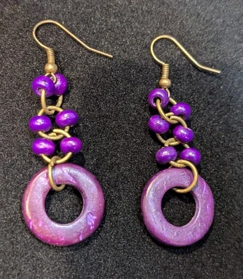 Handmade, Wooden Circle And Bead Dangle Fashion Earrings. New - Image 1 of 4