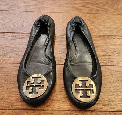 TORY BURCH Reva Ballet Flats Black Gold Medallion Logo Sz 8 See Pictures - Image 1 of 4