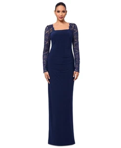 B&A By Betsy & Adam Lace-Sleeve Square-Neck Gown Women's 14 Navy Zip Closure~ - Picture 1 of 17