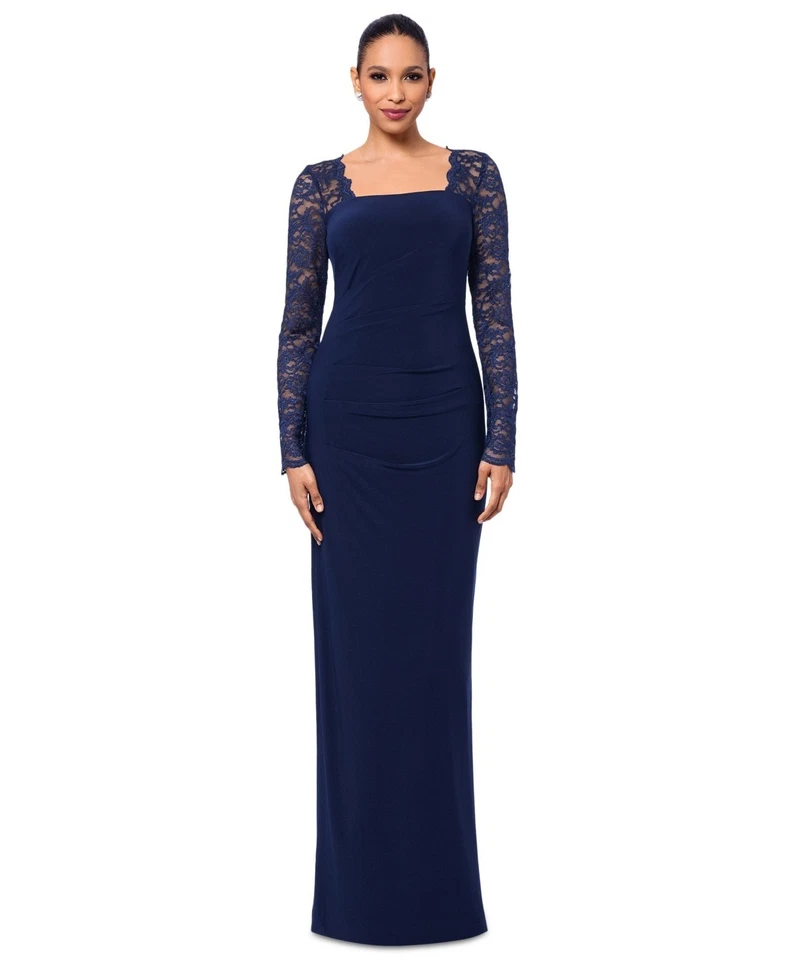 B&A By Betsy & Adam Lace-Sleeve Square-Neck Gown Women's 14 Navy Zip Closure~ - Image 1 of 4