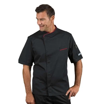Giacca Cuoco Unisex Bilbao Nera Profilo Rosso Manica Corta - ISACCO - Pizzaiolo - Immagine 1 di 3