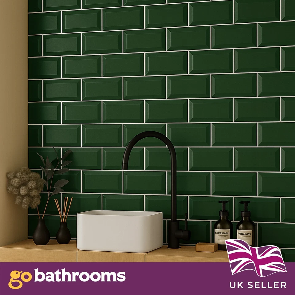 Bottle Green Ceramic Glossy Brick Subway Metro Tile Bevelled Edge 10x20cm Box - Image 1 of 4