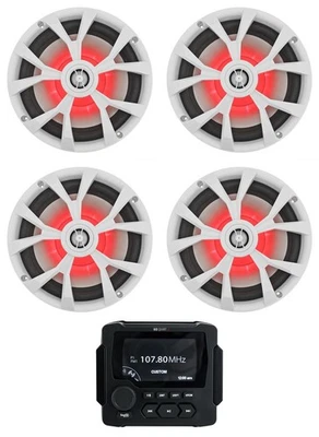 MB Quart GMR-LED Marine/Boat Receiver w/Bluetooth/USB+(4) 8" White LED Speakers - Image 1 of 4