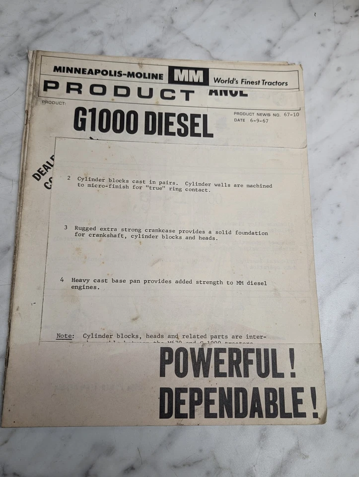 MINNEAPOLIS-MOLINE MM PRODUCT SALES INFORMATION LITERATURE BROCHURE G1000 DIESEL - Image 1 of 1