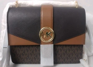 NUEVO~BOLSO DE HOMBRO CON CADENA CON SOLAPA MEDIANA MICHAEL KORS GREENWICH LOGOTIPO MK - Imagen 1 de 9