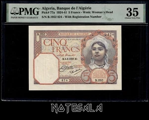 ALGERIA ARGELIA 5 FRANCS 1924-41 Pick-77a PMG 35 S/N B.1952 824 - Picture 1 of 2