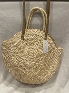 Mud Pie Raffia Round Tote With Top Handles And Leather Straps Beach Bag - Picture 1 of 7