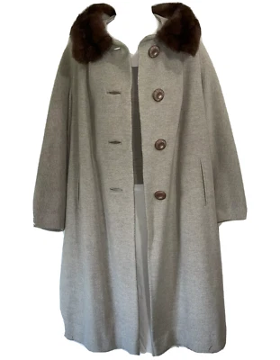 Vintage Coat Medium Large Long Gray Faux Fur Trim Overcoat Evening Jacket 50s - Image 1 of 4