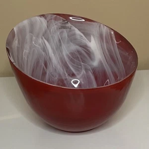 Sea Glasbruk Art Glass Bowl Vase Red Swirl Slanted Swedish Sweden - Picture 1 of 11