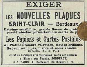BORDEAUX ( 33 ) PLAQUES PHOTOGRAPHIQUES SAINT-CLAIR / PUBLICITÉ ADVERTISING 1905 - Picture 1 of 1