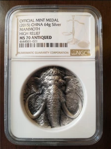 OFFICIAL MINT MEDAL CHINA 64g Silver MAMMOTH HIGH RELIEF NGC PF MS 70 ANTIQUED - Picture 1 of 5