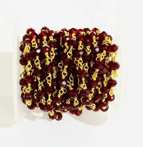Bulk beaded 6mm Dark Red faceted glass beads rosary chain, gold plated chain - Picture 1 of 10