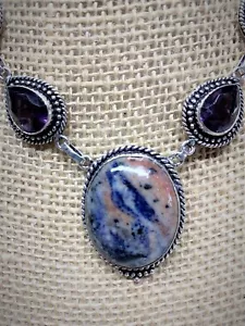 Collana Sodalite Ametista Gemma Etnica Fatta a Mano Gioielli 34 Gms - Foto 1 di 6