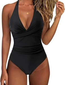 Women Black Sexy Tummy Control One Piece Swimsuit Halter Push Up Bathing Suit L - Picture 1 of 4