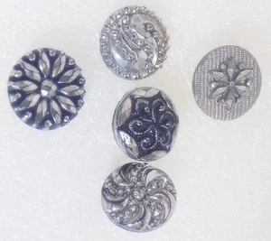 Lot of 5 Silver Luster Black Glass Buttons Lacy Diamond Daisy Swirls SL2 - Picture 1 of 4