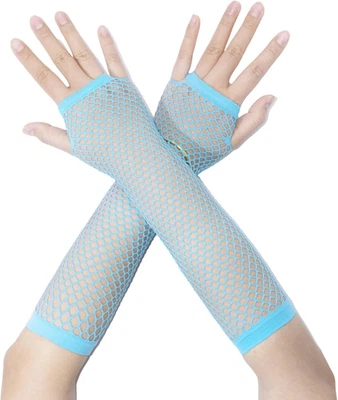 Fishnet Fingerless Gloves Mesh Arm Sleeves, Emo Goth Costume, 1 Pair, Light Blue - Image 1 of 4