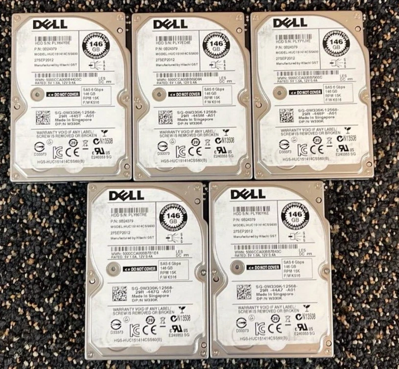 Dell W330K (LOT OF 5) 146GB 2.5" SAS 15K 6Gb/s - 0B24379 - HUC151414CSS600 - Image 1 of 4