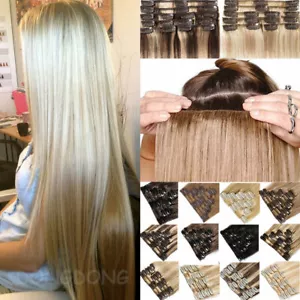Extension Capelli Umani Clip In Remy Real 100% 8PCS FULL Trama Evidenzia Balayage - Foto 1 di 35