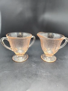 Art Deco Milchkännchen und Zuckerdose Depressionsglas rosa königliche Spitze Hasel-Atlas - Bild 1 von 8