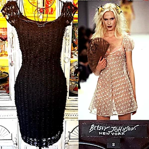 Betsey Johnson New York 90s Vintage Black Mesh Lace Bows Milkmaid Slip Dress S - Picture 1 of 9