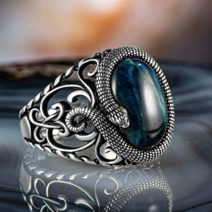 Solid 925 Sterling Silver Snake Figure Blue Tiger's Eye Stone Men's Ring - Picture 1 of 3