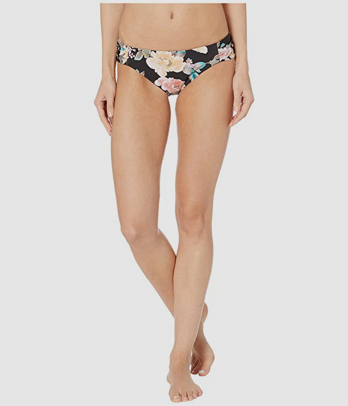 BECCA Women's Black Floral Print Shirred Bikini Bottoms Swimwear Size Small