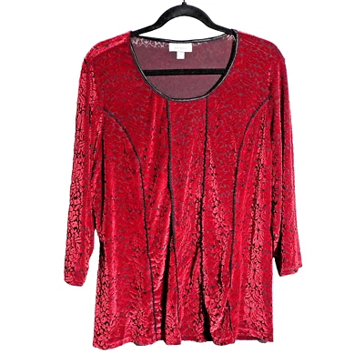 Top Boho Rojo Negro Burnout Terciopelo Capricho Cuello Redondo Manga Larga 2X Floral Foto 1 de 4