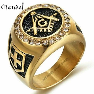 Anillo de circonita masónica enchapado en oro MENDEL para hombre de acero inoxidable talla 7 8 9-14 Foto 1 de 4