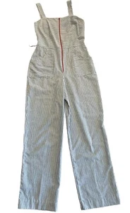 VTG 70s Blue/White Stripe Jumpsuit Romper Bib Overalls Red Zip Cathy Sue USA "9" - Picture 1 of 22