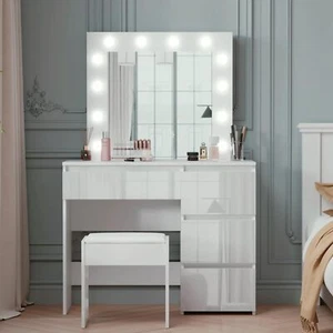 Vanity Dressing Table Set w/ LED Mirror High Gloss 4 Drawers Makeup Desk Bedroom - Picture 1 of 12