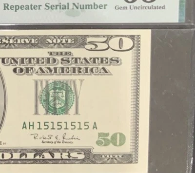 FR#2126-H $50.00 Repeater Ser# PMG Gem Unc 65 EPQ. AH 15151515 A Series 1996 - Image 1 of 4