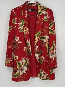 Zara Red Hawaiian Floral Print Open Blazer Jacket Women's Size XS Polyester - Imagen 1 de 8