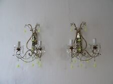 ~1930 French Yellow Opaline Drops Beaded Murano Mirrors Beaded Swags Sconces~