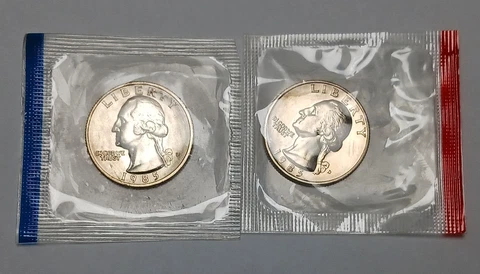 2x 1985 Washington Quarters from US Mint Set - P and D - Still in Mint Cello Cover