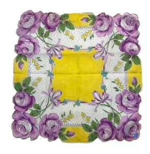 Vintage Ladies Floral Handkerchief Yellow With Purple Roses Hankie - Picture 1 of 7