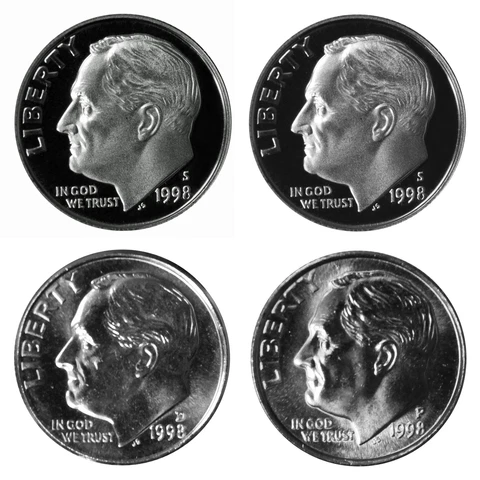 1998 P D S S Roosevelt Dime 10c Year set Proof & BU 4 Coin Set w/ Silver Dime Cover