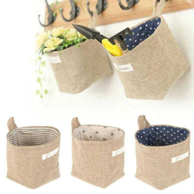 Wall-Mounted Hanging Bag Cotton Linen Home Desktop Jute Storage Basket Pocket - Image 1 of 4