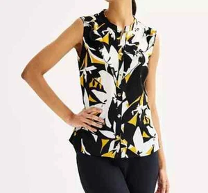 Nine West Women's Black Multi Ruffle Collared Sleeveless Button Down Tank - L/XL - Picture 1 of 6