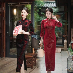 Mujeres Vestido de Noche Fiesta Chino Otoño Invierno Terciopelo Cheongsam Boda Frocks - Imagen 1 de 9