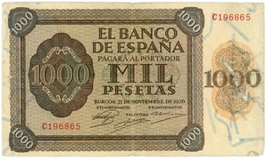 España 1000 pesetas 1936 BURGOS Serie C -  P# 103a  N 208083 C 196865 VF Tears - Picture 1 of 2