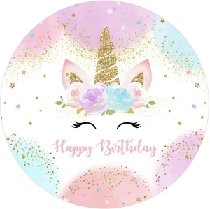 UNICORN ROSES STARS GOLD GLITTER PINK BLUE PURPLE PARTY ROUND BIRTHDAY BANNER - Picture 1 of 2