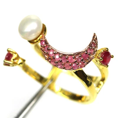 Edelstein Weißer Perle, Rubin, Saphir Schmuckring 925 Silber 18K Gold Größe 8 - Bild 1 von 4